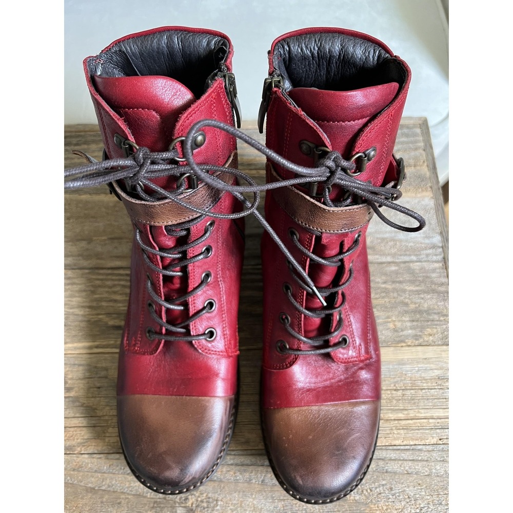 Jafa Boots Womens Size 41 10 Red Brown Leather Combat Ankle Buckle Zip Lace Up - Picture 5 of 13